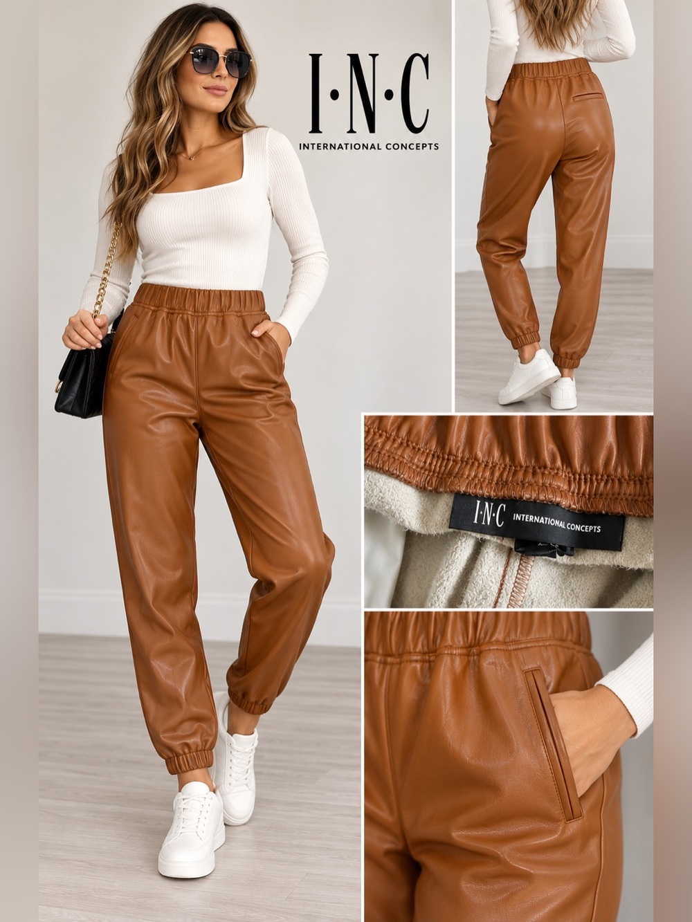 INC International Concepts Faux Leather Jogger Pants in Cognac Sz M NWT